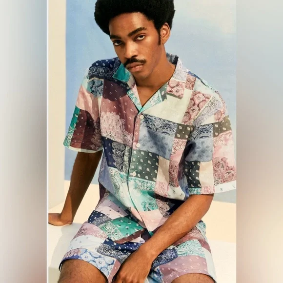 ETON x Fred Segal Multi-Colored Patchwork Bandana Resort Shirt in Linen XXL $265